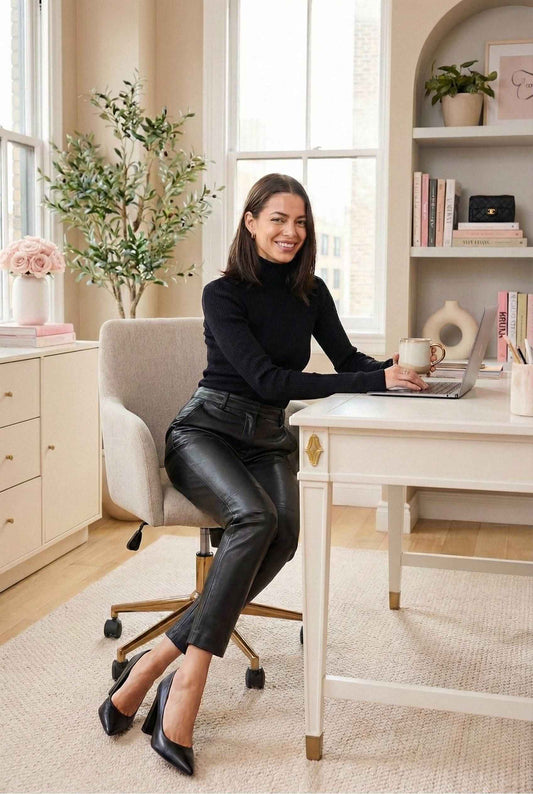 Model wearing Kiera Bodysuit Ribbed Knit Turtleneck Long Sleeve Bodysuit in Black with leather trousers and heels sitting in luxury office