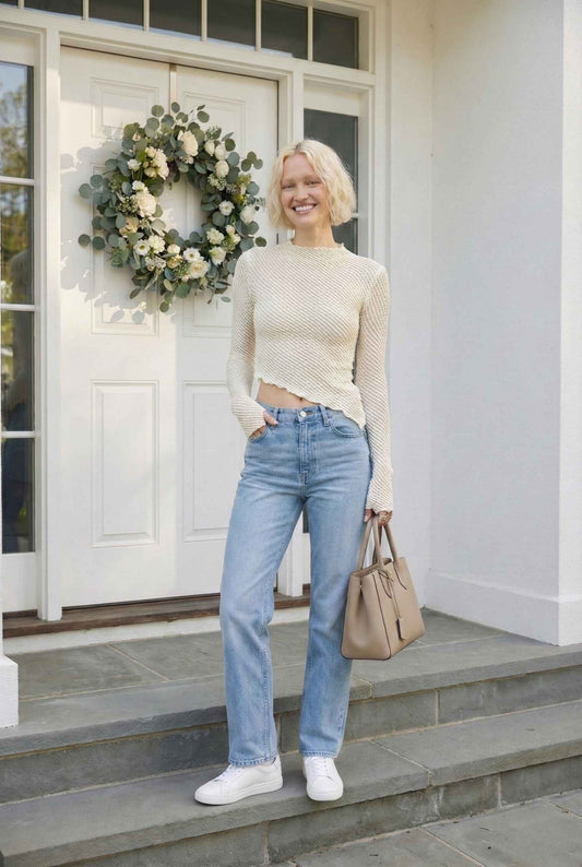Woman wearing a Ren Top Cream Asymmetrical Diagonal Rib Long Sleeve standing on a porch with a floral wreath, wearing a beige sweater and blue jeans.