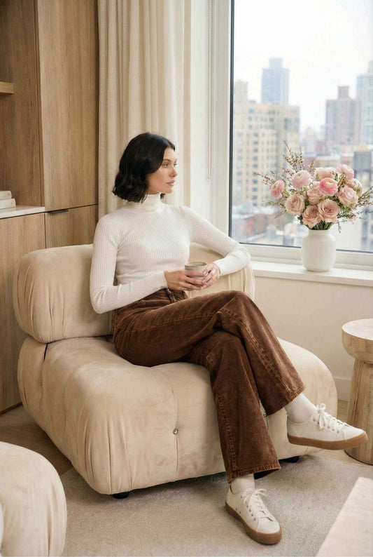 Model wearing Sienna Pants in Brown 100% Cotton Corduroy Wide-Leg Trousers paired with ribbed sweater and sneakers sitting in luxury highrise