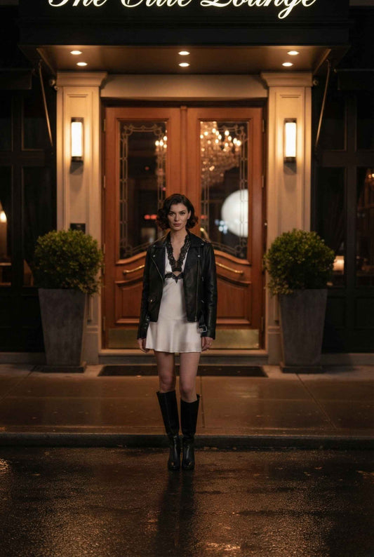 Woman wearing a Simone Mini Ivory Satin Halter Lace Trim Dress standing in front of a door with 'The Cafe Lounge' sign above it.
