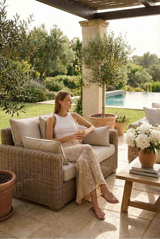 Model wearing Siren Skirt Open-Knit Crochet Mermaid Maxi Skirt in Sand Cream with basic tank top sitting on luxury back patio by pool