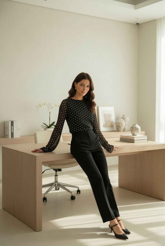 Woman wearing a Stella Top Black & White Polka Dot Sheer Long Sleeve sitting on a desk in a modern office setting