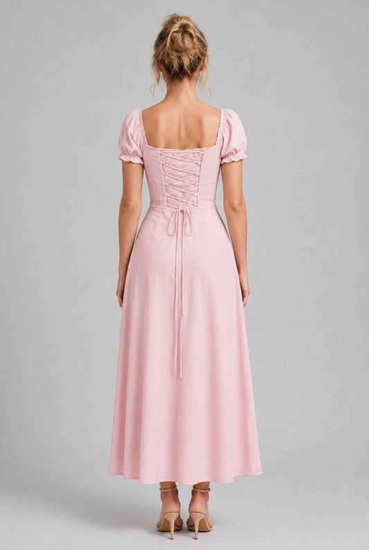 Virtual model wearing The Adaline Crepe Dress Tie-Up Corset Bustier Dress in Pink