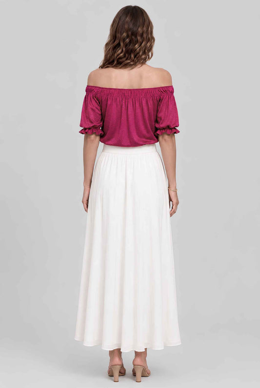 Virtual model wearing The Adela Knit Ruched Top On-Off Shoulder Smocked Sleeve Top in Rose