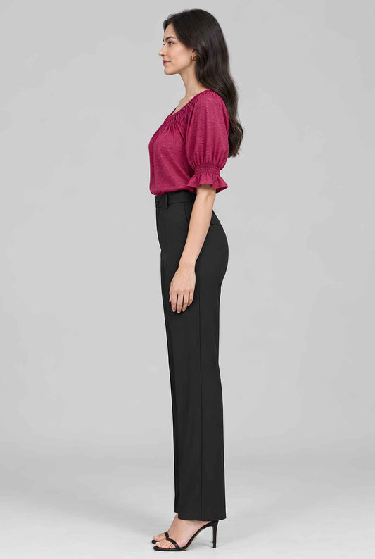 Virtual model wearing The Adela Knit Ruched Top Rose On-Off Shoulder Smocked Sleeve Top