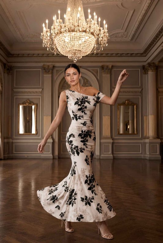 Virtual model wearing The Arabella One-Shoulder Dress Ruched Floral Off-Shoulder Gown in Beige