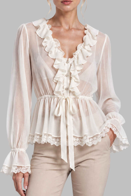 Virtual model wearing The Aura Ruffled Chiffon Blouse Jewelled Ruffled Lace Sheer Blouse in Off White