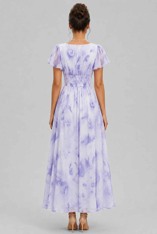 Virtual model wearing The Aurelia Floral Chiffon Dress V-Neck Flowy Dress in Lavender
