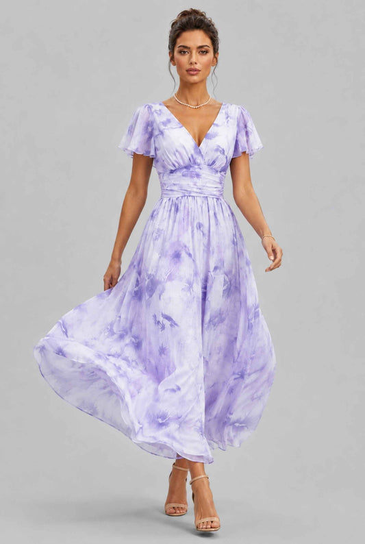 Virtual model wearing The Aurelia Floral Chiffon Dress V-Neck Flowy Dress in Lavender
