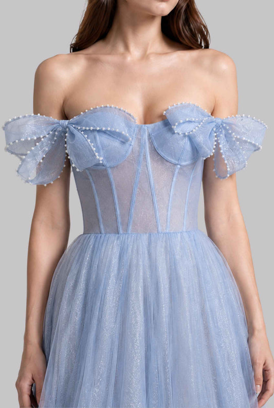 Virtual model wearing The Aveline Pearl Tulle Dress Bow-Sleeve Pearl-Embellished Gown in Blue