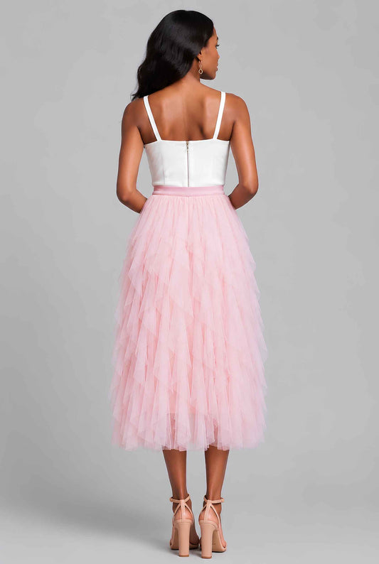 Virtual Model wearing The Bella Tulle Skirt Blush Asymmetric Tiered Ruffle Tulle Midi Skirt