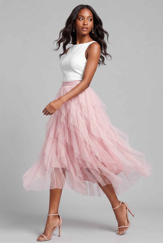 Virtual Model wearing The Bella Tulle Skirt Blush Asymmetric Tiered Ruffle Tulle Midi Skirt