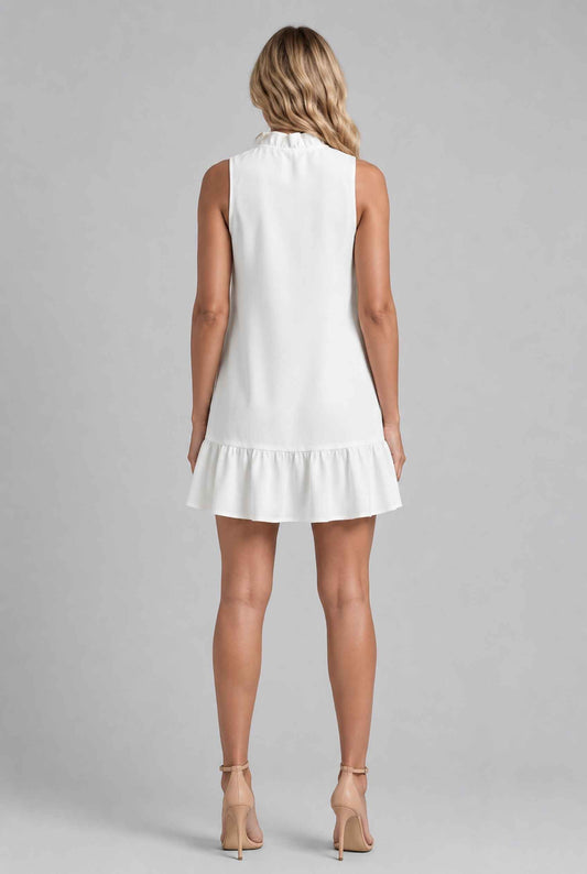Virtual model wearing The Bianca Ruffle Trim Mini Cotton Ruffle Mini Dress in White
