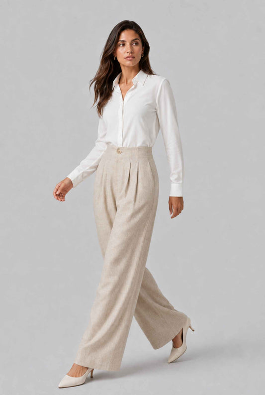 Virtual model wearing The Cannes Pleated Trouser High Waisted Wide Leg Pants in Beige