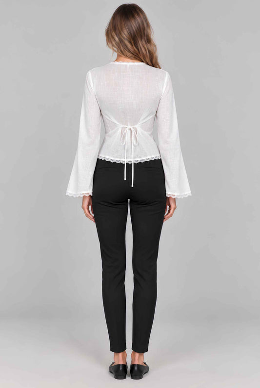 Virtual model wearing The Carissa Lace-Trim Blouse White Flared-Sleeve Structured Blouse
