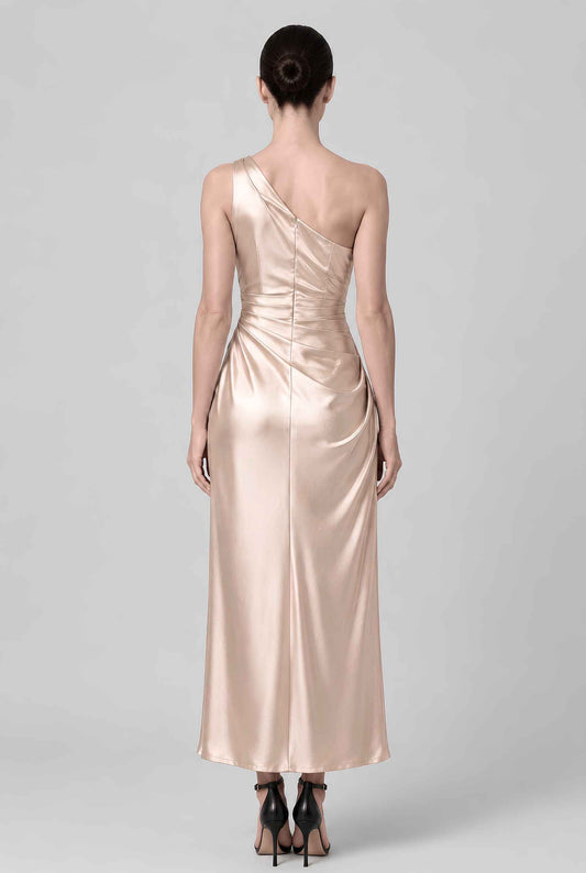 Virtual model wearing The Cassiopeia Satin Dress Asymmetric One-Shoulder Ruched Satin Gown in Gold