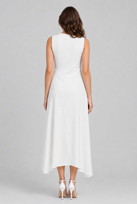 Virtual model wearing The Celestine High-Low Dress Asymmetrical High-Neck Gown in White