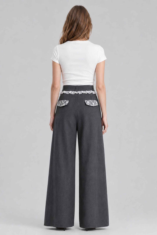 Virtual model wearing The Charlotte Lace Trouser | Lace-Trimmed Wide-Leg Trousers in Dark Gray