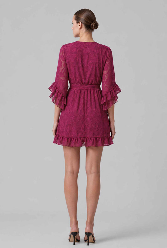 Virtual model wearing The Cherise Devoré Wrap Dress Jacquard Floral Lace Mini Dress in Pink