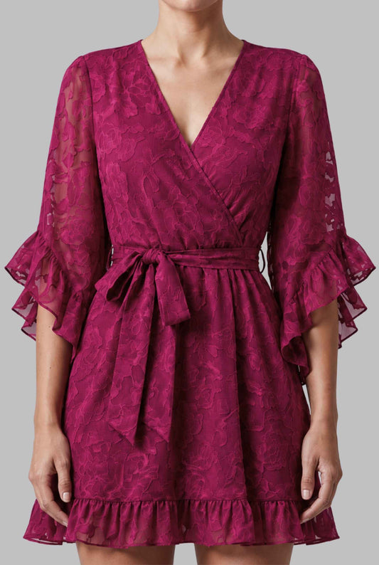 Virtual model wearing The Cherise Devoré Wrap Dress Jacquard Floral Lace Mini Dress in Pink
