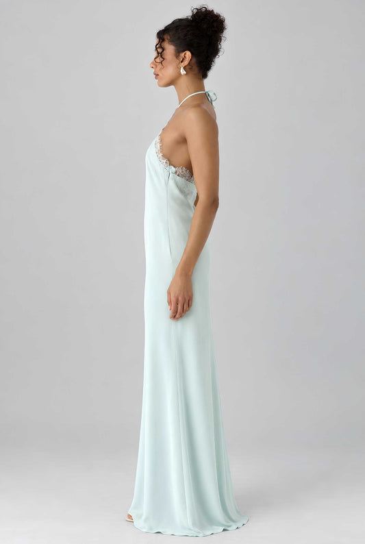 Virtual model wearing The Clara Lace Satin Slip Dress Lace-Trimmed Satin Halter Slip Dress in Blue