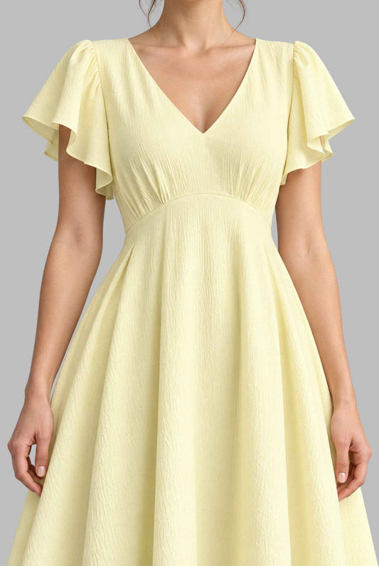 Virtual model wearing The Coralie Flutter Sleeve Midi Yellow Flutter Sleeve Crinkle Midi Dress