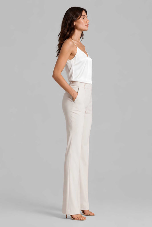 Virtual model wearing The Elena Satin Camisole V-Neck Liquid Satin Tank Top in Ivory
