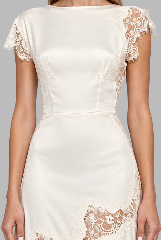 Virtual model wearing The Eleonora Lace Satin Dress Cream Lace-Inset Asymmetrical-Hem Gown