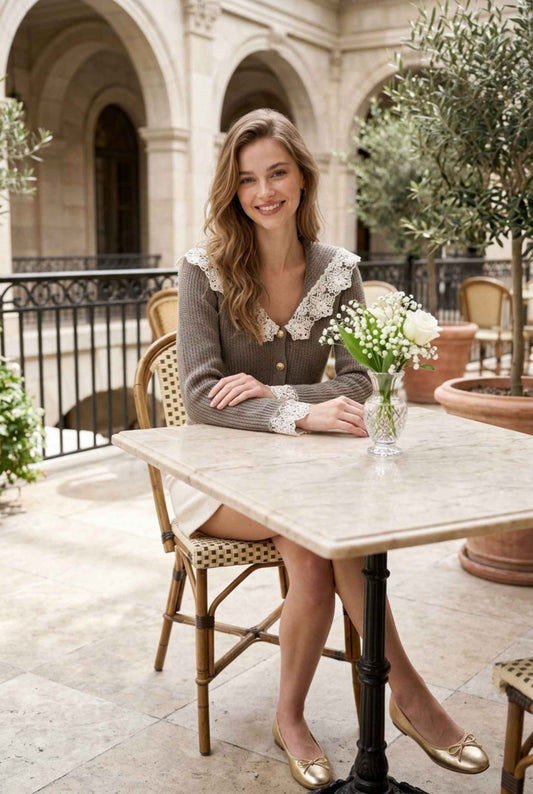 Virtual Model Wearing The Eloise Lace Knit Cardigan Taupe Lace-Trimmed Ribbed-Knit Cardigan