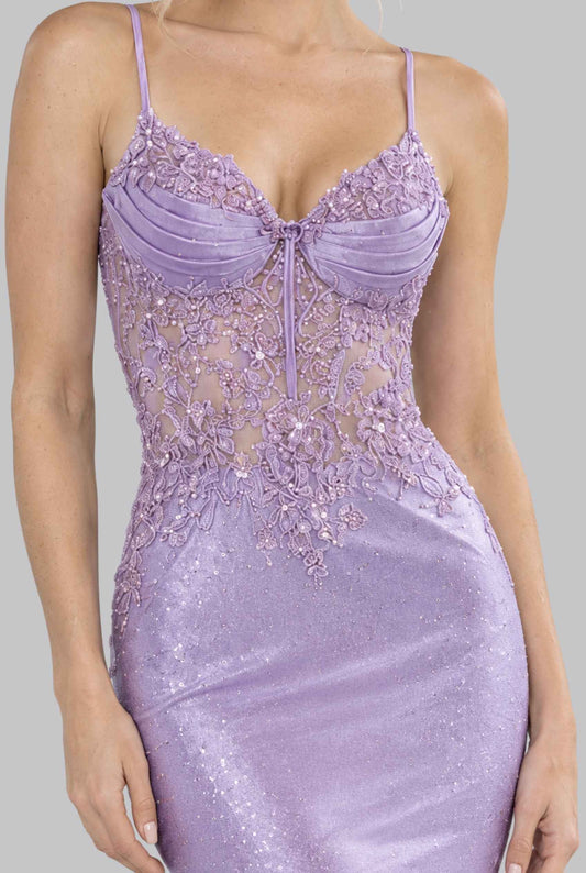 Virtual model wearing The Esmeralda Embellished Dress Shimmer Embellished Corset Dress Lavender