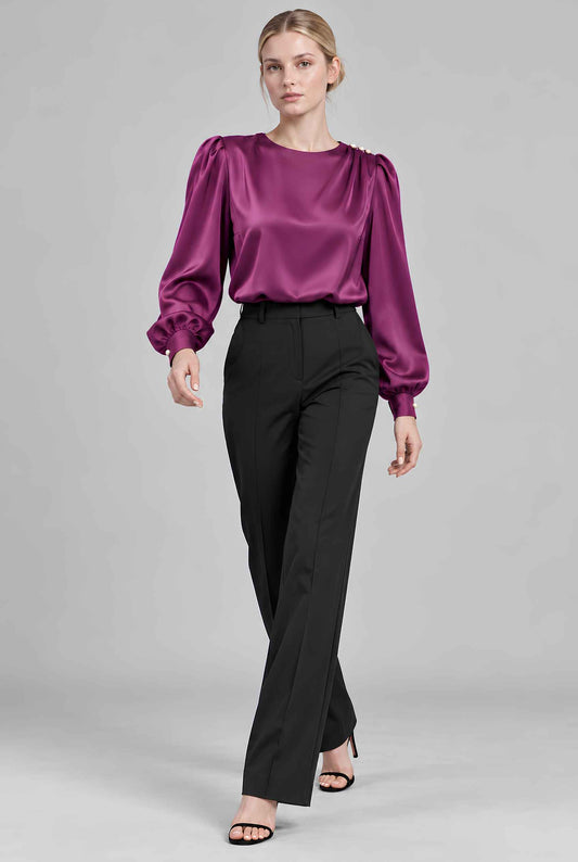 Virtual model wearing The Estella Pearl-Embellished Blouse Purple Satin Pearl Long Sleeve Blouse