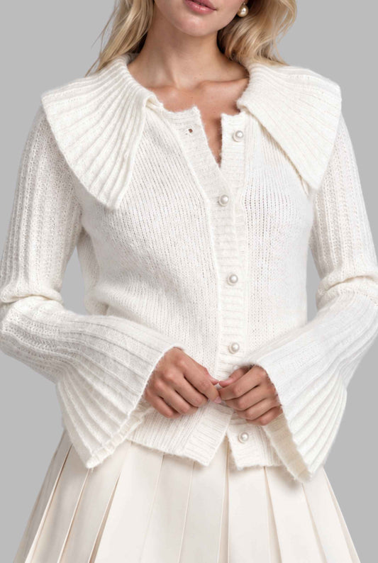 Virtual model wearing The Faye Whisper-Knit Cardigan Oversized Collar Flare-Sleeve Cardigan in off white