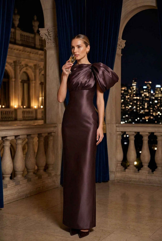 Virtual model wearing The Francesca Asymmetric Satin Dress Satin Asymmetrical Evening Gown in Brown