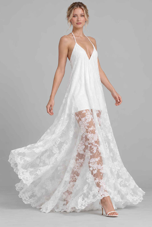 Virtual model wearing The Grace Sheer Lace Dress White Floral Lace Halter Maxi Dress