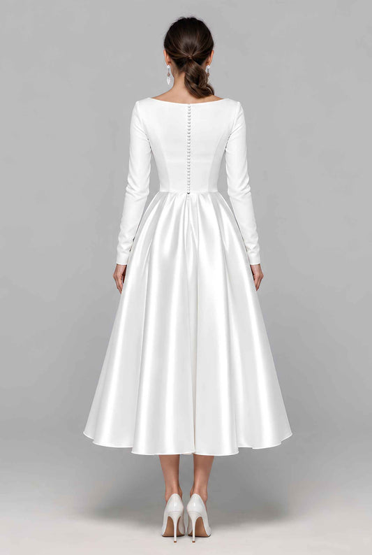 Virtual model wearing The Guinevere Satin Dress White Long-Sleeve Tea-Length Satin Dress