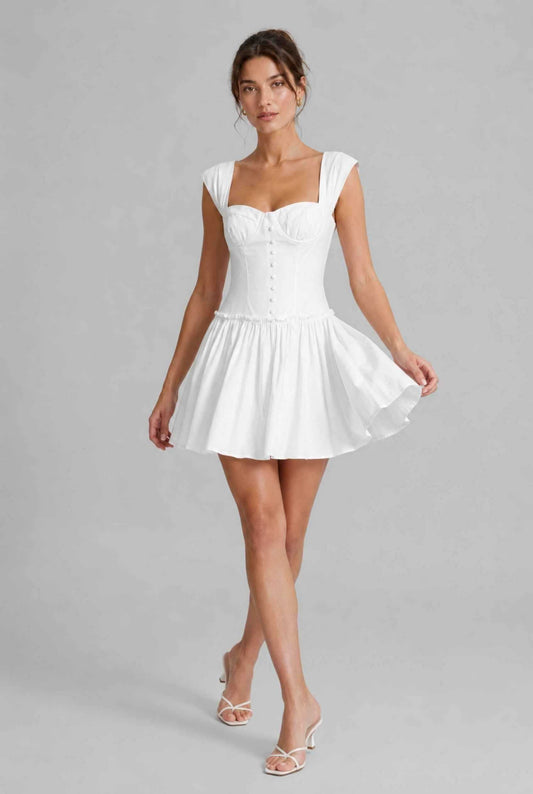 Virtual model wearing The Iris Poplin Mini Bustier Top Poplin Dress in White