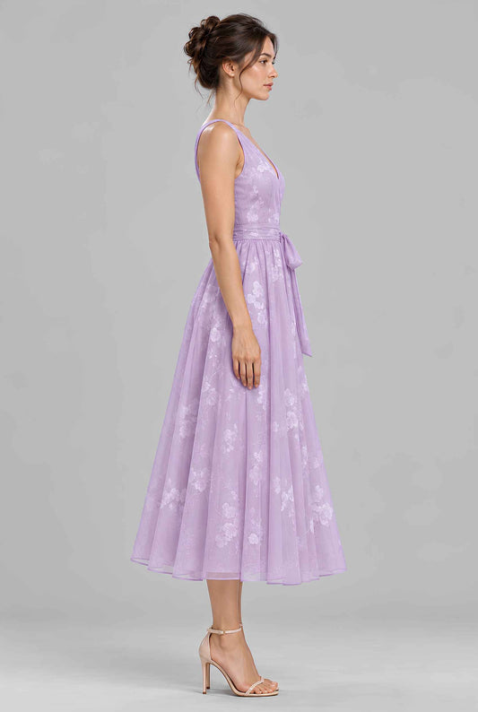 Virtual model wearing The Isabeau Tied Wrap Dress Floral Print Waist-Tied Wrap Midi Dress Lavender