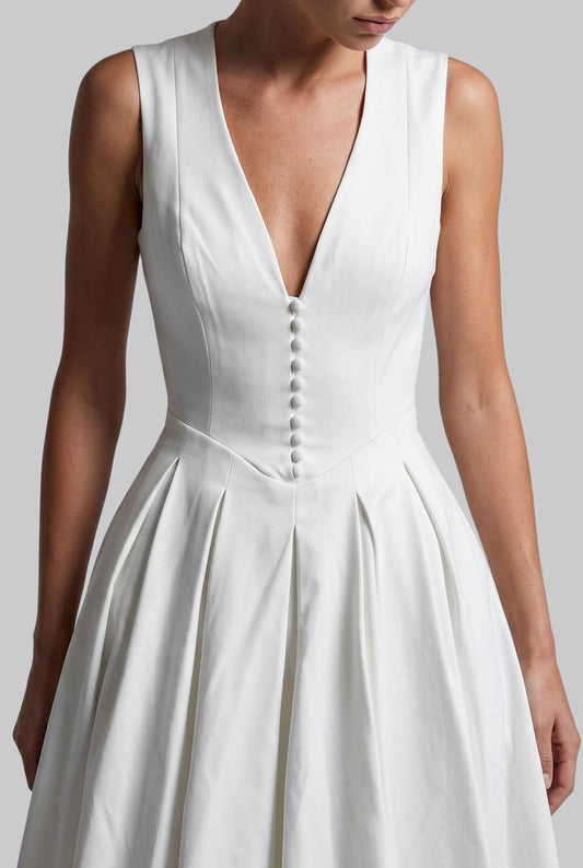 Virtual model wearing The Isabella Pleated Dress White V-Neck Silk Button Gown