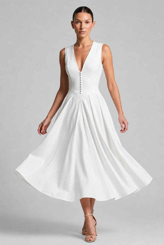 Virtual model wearing The Isabella Pleated Dress White V-Neck Silk Button Gown