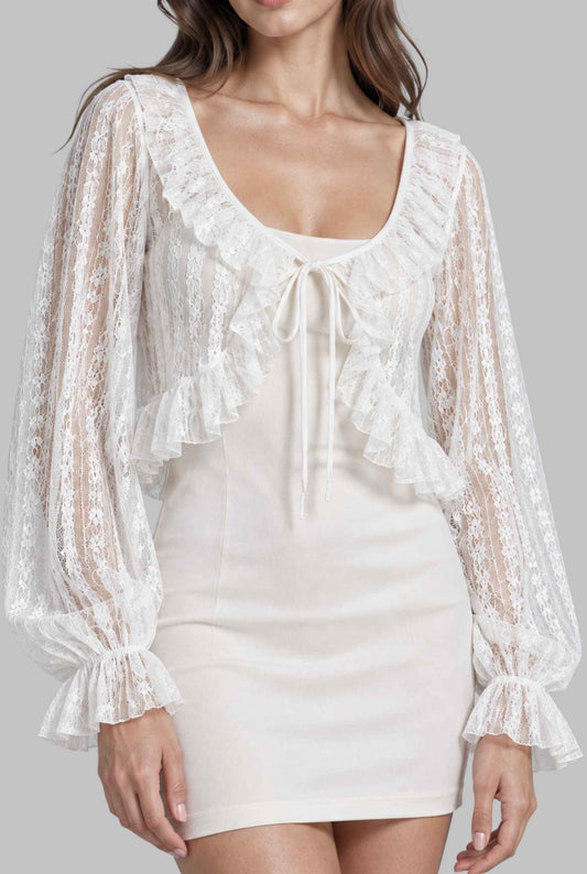 Virtual model wearing The Isla Ruffled Sheer Lace Cardigan White Sheer Tie-Front Cardigan