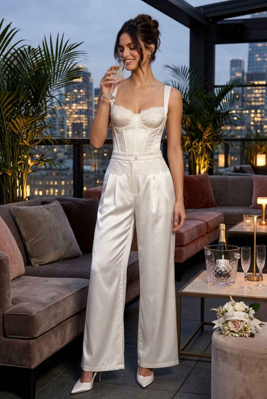Virtual model wearing The Josephine Lace Satin Pant Ivory Lace-Trimmed Wide Leg Pants