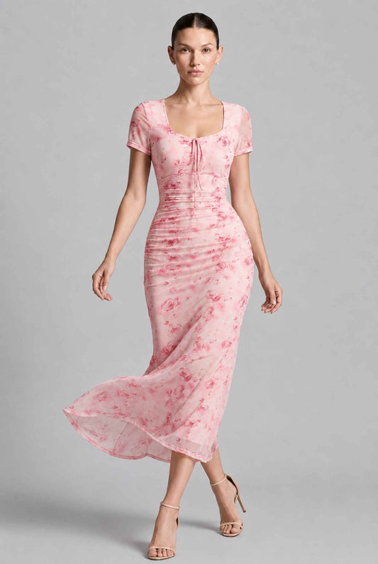 Virtual model wearing The Juliette Chiffon Dress Ruched Pink Floral Chiffon Dress