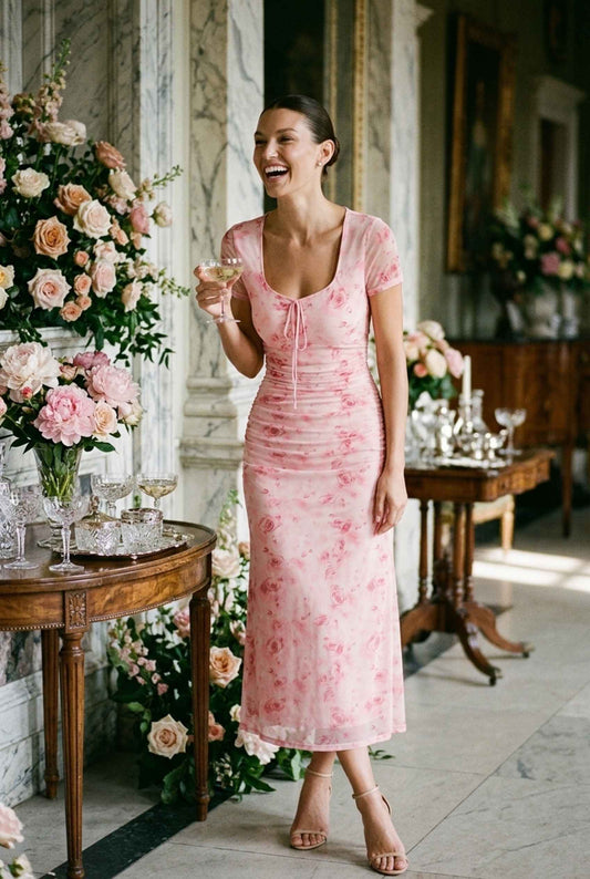 Virtual model wearing The Juliette Chiffon Dress Ruched Pink Floral Chiffon Dress