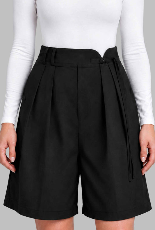 Virtual model wearing The Kyoto Pleated Short Pleated High Waisted Asymmetrical Short Black