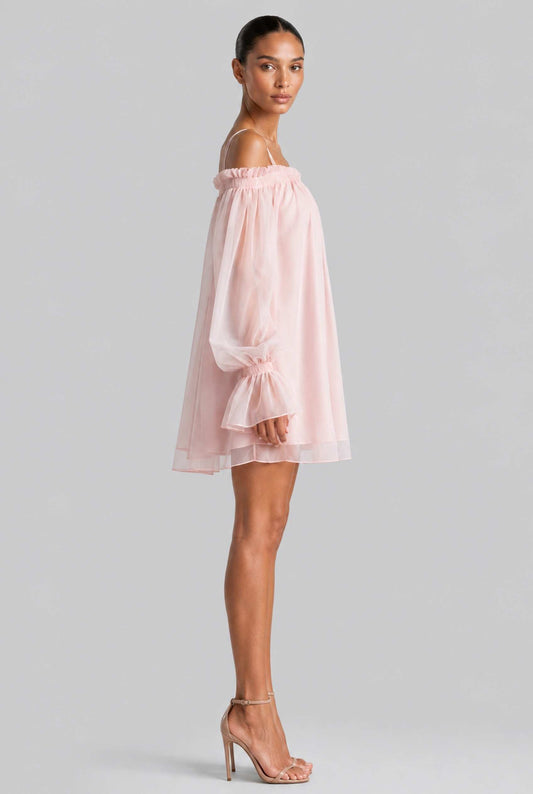 Virtual model wearing The Lucia Chiffon Dress Off-Shoulder Bishop Sleeve Mini Dress in Pink