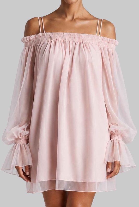 Virtual model wearing The Lucia Chiffon Dress Off-Shoulder Bishop Sleeve Mini Dress in Pink