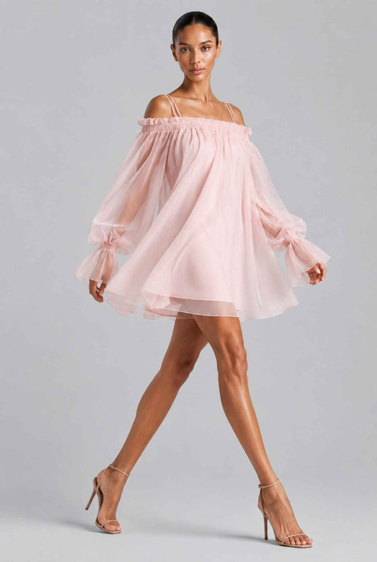 Virtual model wearing The Lucia Chiffon Dress Off-Shoulder Bishop Sleeve Mini Dress in Pink