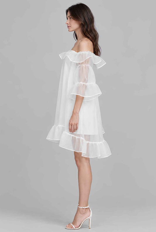 Virtual model wearing The Lucienne Off-Shoulder Dress White Organza Ruffled Mini Shift Dress
