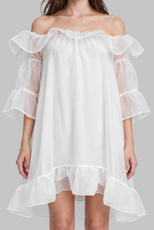 Virtual model wearing The Lucienne Off-Shoulder Dress White Organza Ruffled Mini Shift Dress