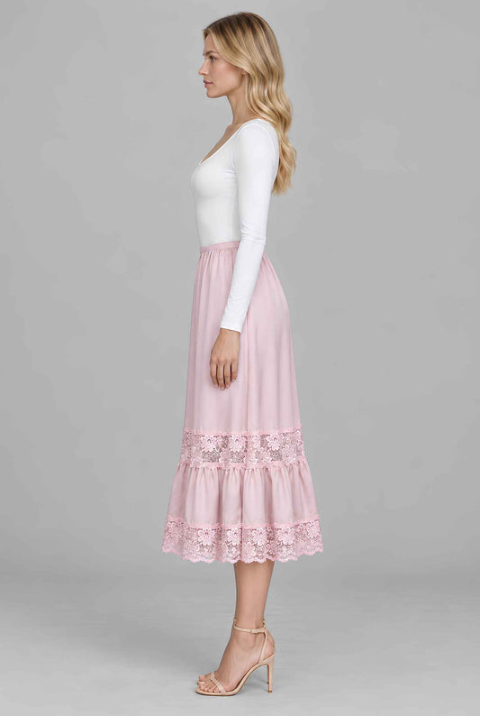 Virtual model wearing The Magnolia Lace Tiered Skirt Pink Lace-Trim Tiered Midi Skirt